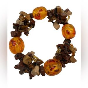 Baltic Amber, Stone, and Seed Beaded Bracelet - Stretch Size 6”